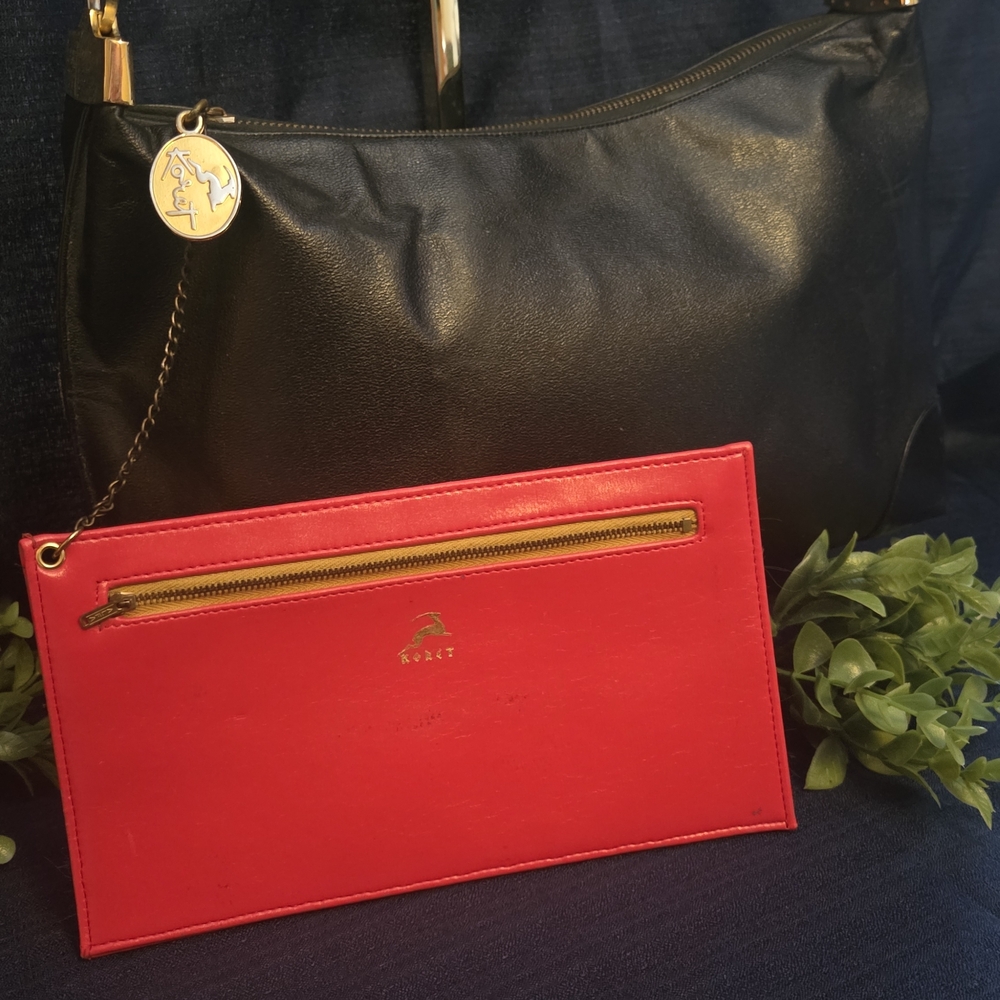 Vintage Koret Red Interior Leather Bag Classic Black Minimalist Shoulder Purse - Picture 6 of 17